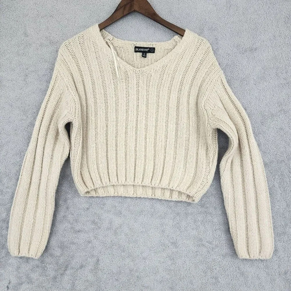 Blanknyc Ribbed Knit V-Neck Crop Sweater Womens S Wool Blend 25PT - Picture 1 of 6